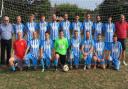 Lympstone Football Club at the start of a new season; Back row (left to right). Club president Mike Hoyle, H Sumner, B Branton, J Pond, R Higham, D Radford, P Mcmahon (c) S Schlaefli, M Dunne, A Lowe, M Delahaye Front row ((left to right)  Wilson,  K