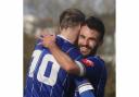 Callum Shipton celebrates with goalscorer Tom Bath in a previous match