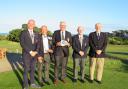 (left to right) England Golf CEO Jeremy Tomlinson, SWGCA president Geoff Green, EDGC club captain Bill Gott, England Golf president Ian Watkins and EDGC director of green John Connolly