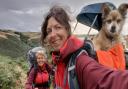 Rachel Leigh (left) and Jill Pearson with their dog Arnie on their trek around the coast.