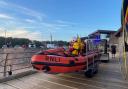 Exmouth RNLI inshore lifeboat launching.