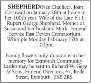 JOAN CORNWALL SHEPHERD (Nee Challice)