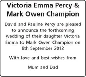 Victoria Emma Percy - Mark Owen Champion