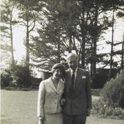 Anita Mandl and her husband Denys in their garden in Budleigh Salterton on their wedding day.