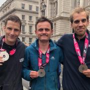 Rob Ellis, Sam Kelly & Oli White Harriers first three finishers in the London Marathon