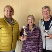 Winner Jill Hillman and runner-up Peter Phillips with Mary Knight, who presented the trophies