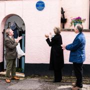 Trevor Waddington OBE, Judi Spiers and Michael Downes with the blue plaque