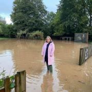 Cllr Jess Bailey in floodwater in Tipton St John.