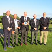 (left to right) England Golf CEO Jeremy Tomlinson, SWGCA president Geoff Green, EDGC club captain Bill Gott, England Golf president Ian Watkins and EDGC director of green John Connolly