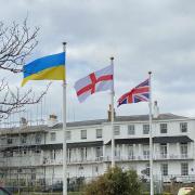 Ukrainian flag flying in Sidmouth in March 2022, soon after the Russian invasion