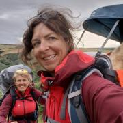 Rachel Leigh (left) and Jill Pearson with their dog Arnie on their trek around the coast.