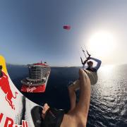 Tom Bridge completing the kitesurf from a cruise ship.