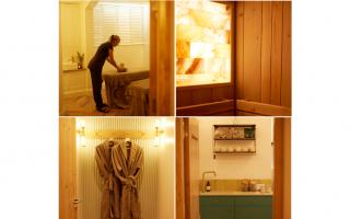 The spa includes a relaxation lounge, pedicure room, steam and infrared sauna room